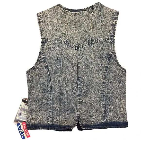 Rare Vintage Pioneer Wear 80s Acid Wash Leather Trim  Denim Jean Vest Unisex - Picture 10 of 14